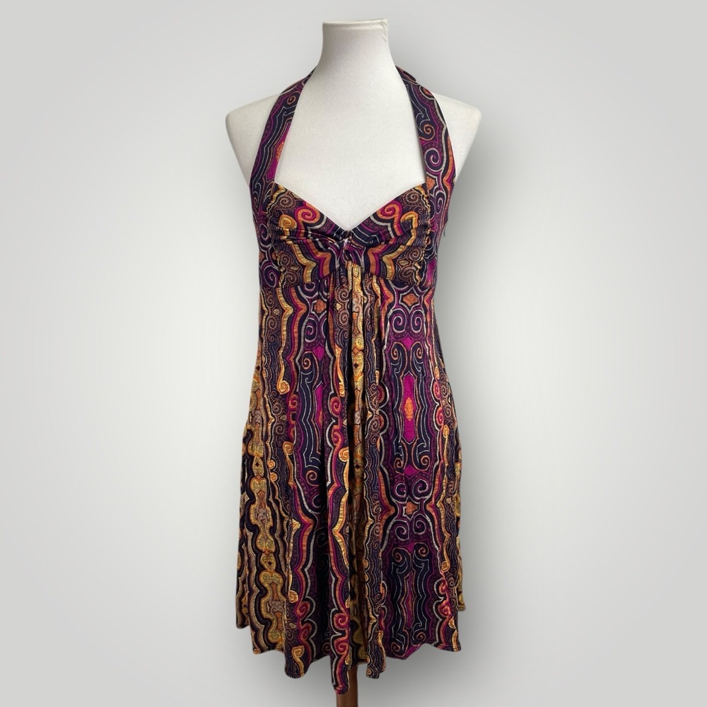 Laundry 100% Silk Halter Dress, size 6. Y2K Vintage psychedelic sundress pink